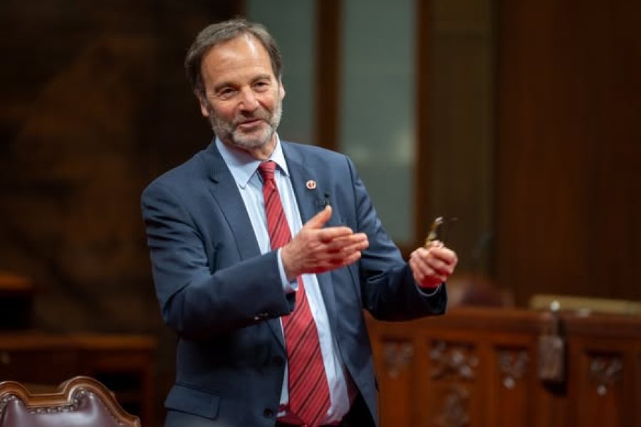 Senator Marc Gold answers questions in the Red Chamber during the spring 2025 edition of the Model Senate. (Photo: Senate of Canada)