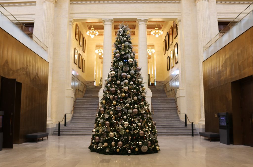A Christmas tree stands tall in the Senate of Canada Building.